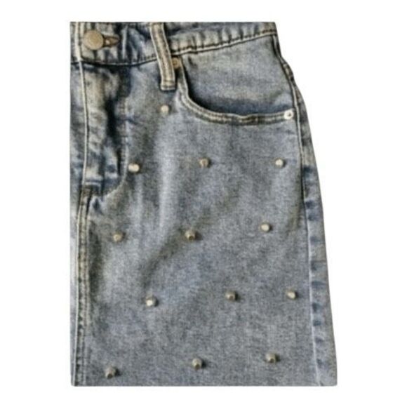 Wild Fable Target Studded Blue Denim Mini Skirt Frayed Hem Women Size S Pockets - Picture 5 of 8